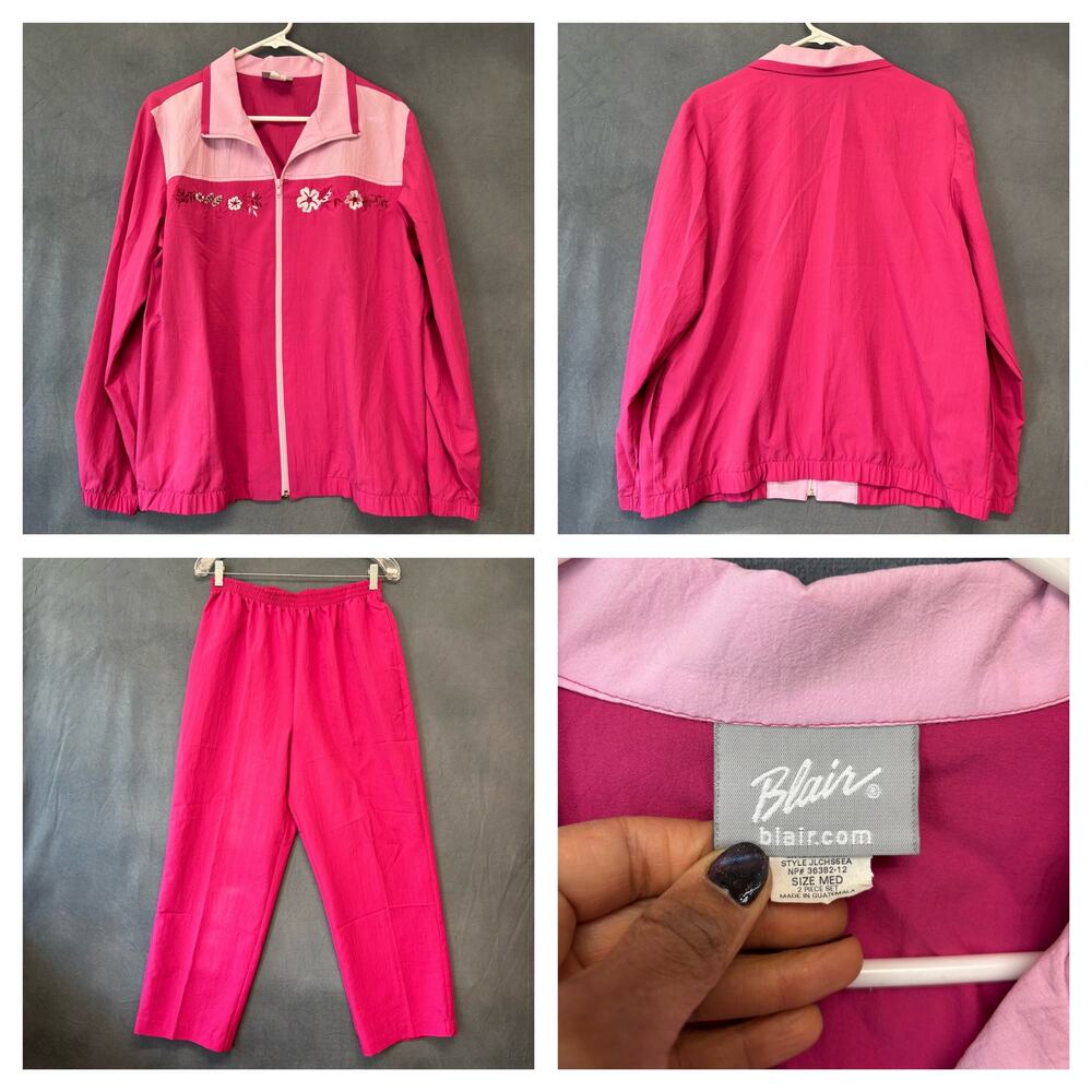 Vintage Blair Pink Floral Windbreaker Track Set Medium 2-Piece Grannycore Run
